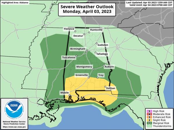 阿拉巴马州南部恶劣天气风险增加;继续观察龙卷风