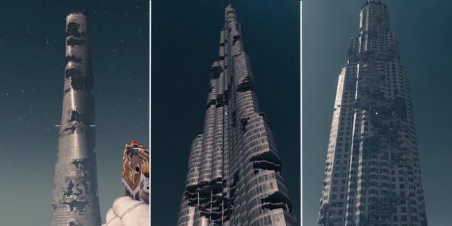 A split image of the Shanghai Tower, Burj Khalifa and the US Bank Tower in Starfield