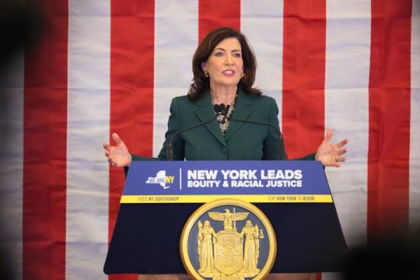 New York Gov. Kathy Hochul speaks during a press co<em></em>nference and signing of legislation creating a commission for the study of reparations in New York on Tuesday in New York City.