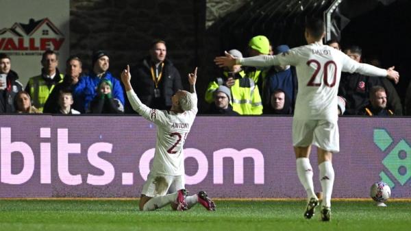 Manchester United forward Antony celebrates his goal against Newport County