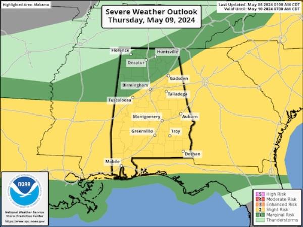 阿拉巴马州今晚面临3级恶劣天气风险;周四和周五可能会有更多的风暴