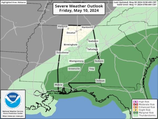 阿拉巴马州今晚面临3级恶劣天气风险;周四和周五可能会有更多的风暴