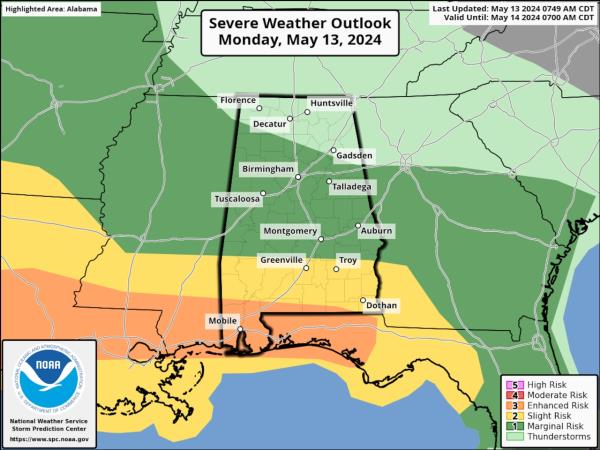 阿拉巴马州南部今天有三级强风暴风险