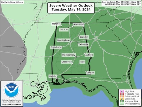 阿拉巴马州南部今天有三级强风暴风险