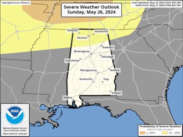 阿拉巴马州今天到周日可能会有强风暴