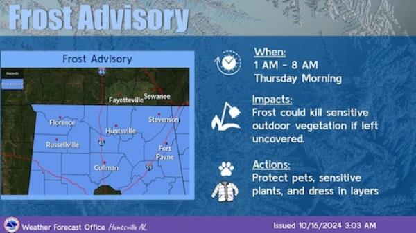 North Alabama frost advisory