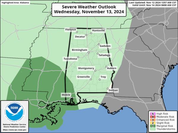 周三阿拉巴马州将有降雨和一些风暴