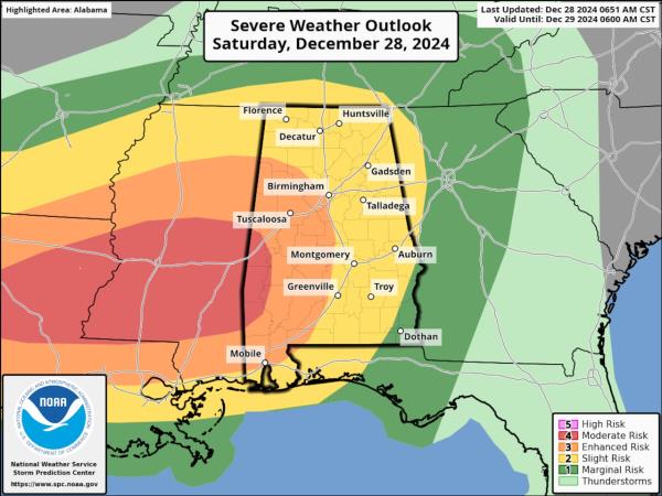今天阿拉巴马州可能爆发恶劣天气